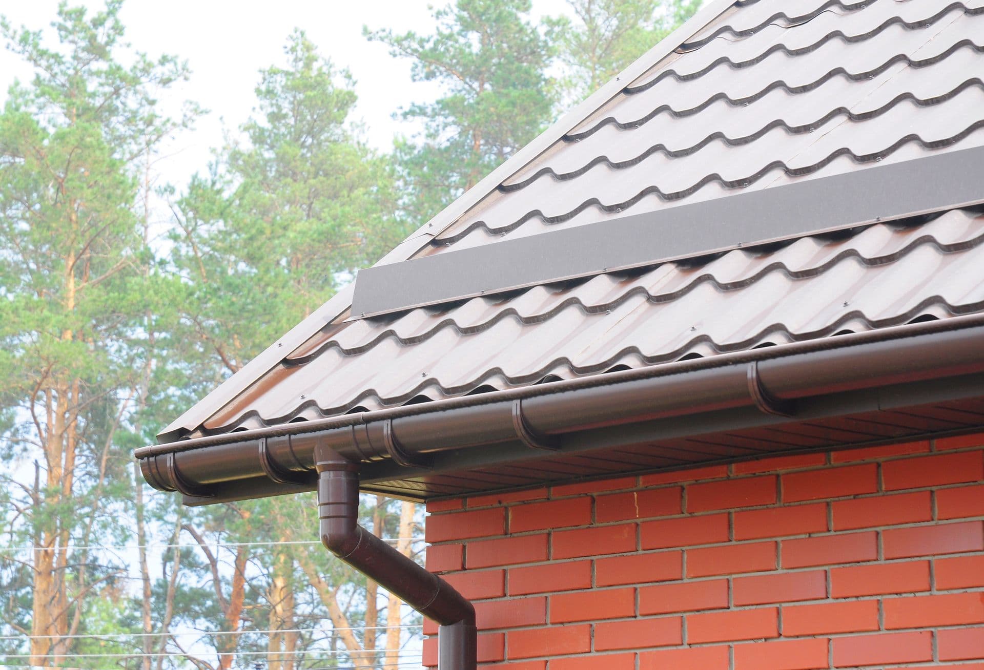 The image shows a house corner with a brown metal roof and brick wall. Gutters are attached, set against a backdrop of tall, green pine trees.
