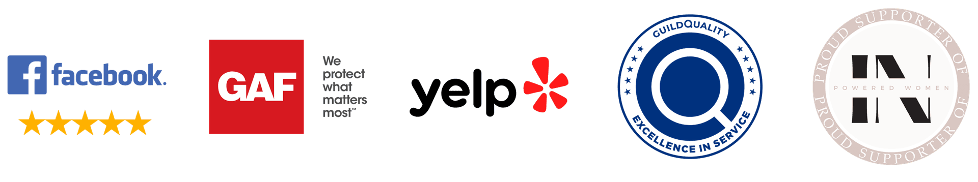 Logos on a black background: Facebook with five gold stars, GAF with text "We protect what matters most", Yelp, GuildQuality's blue badge, and Empowered Women circle.